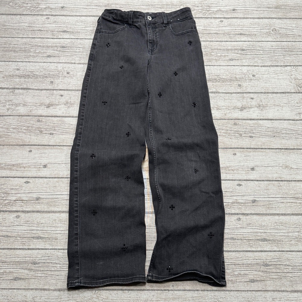 Abercrombie Kids Jeans Girl's 13/14 Black Denim Beaded High Rise Wide Leg Denim